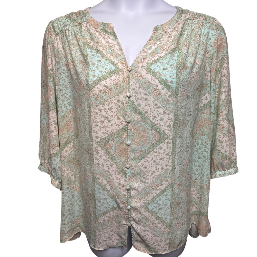 ROSE+ OLIVE Mint Paisley Patchwork Blouse‎ Sz 1X Smocked Boho Flowy Officewear